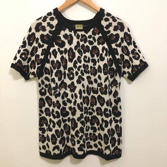 Leopard Print Cotton Knit Short Sleeve Sweater - Picture 1 of 11